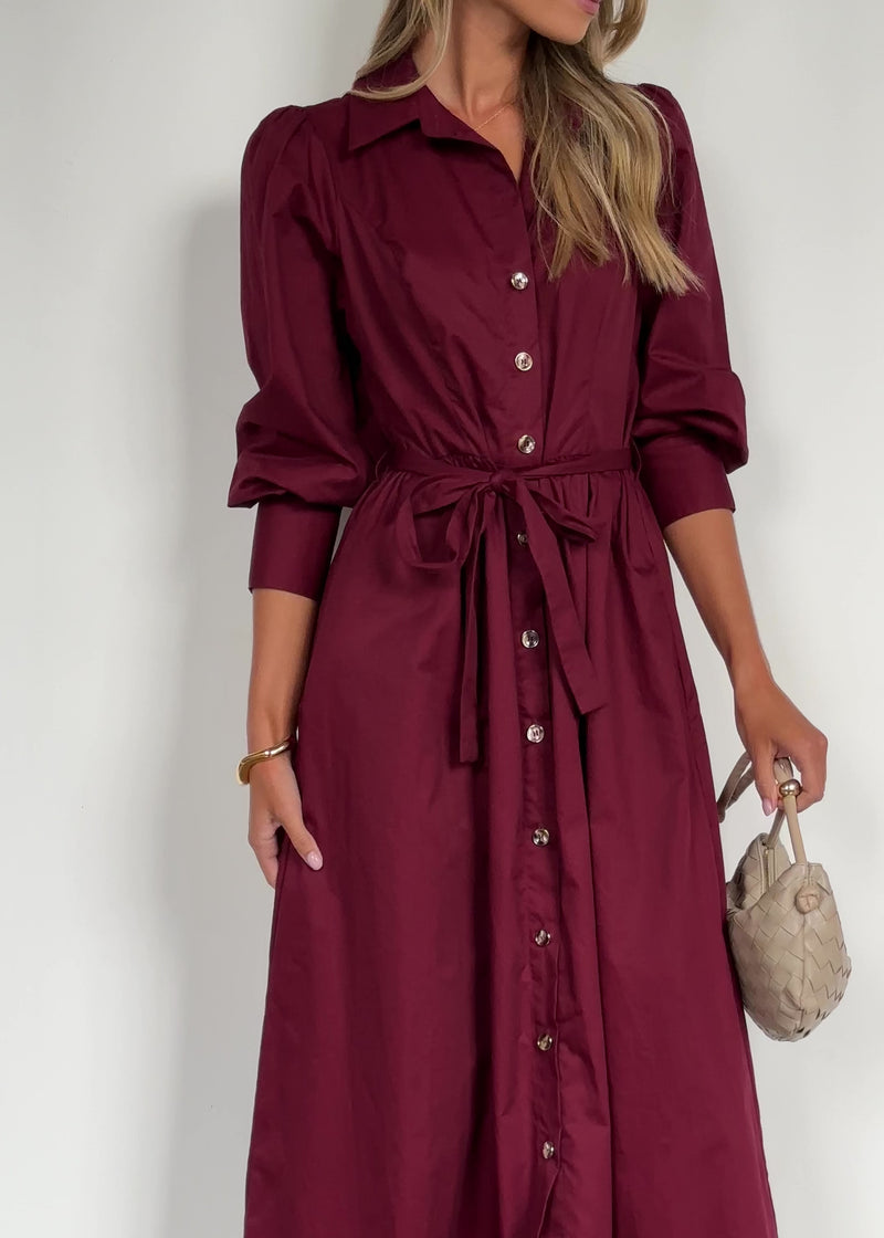 Burgundy button-front midi dress brunch outfit