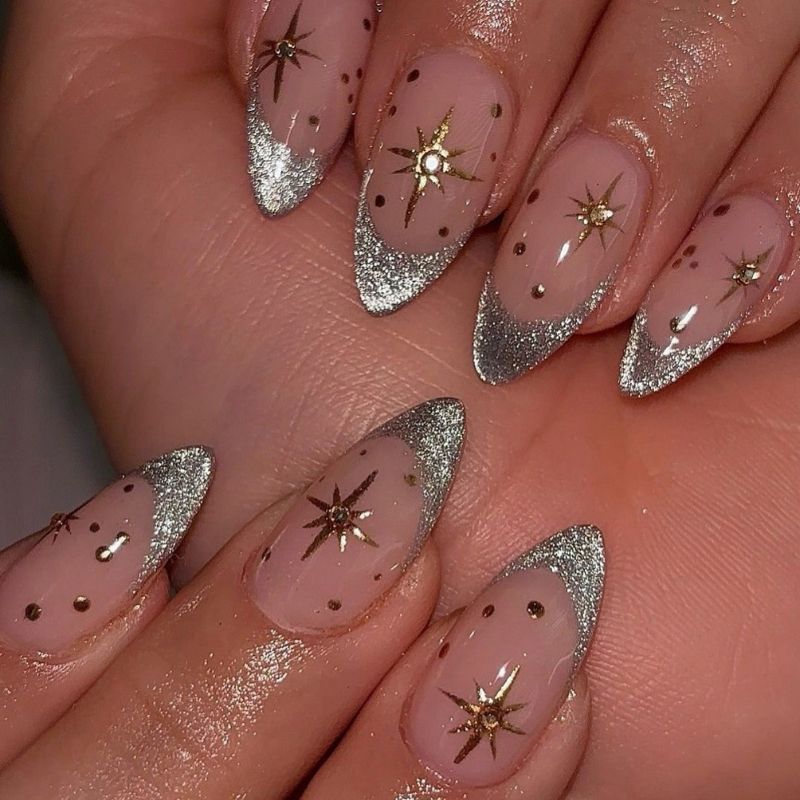 Silver Glitter Tips with Tiny Celestial Stars simple new years nails design