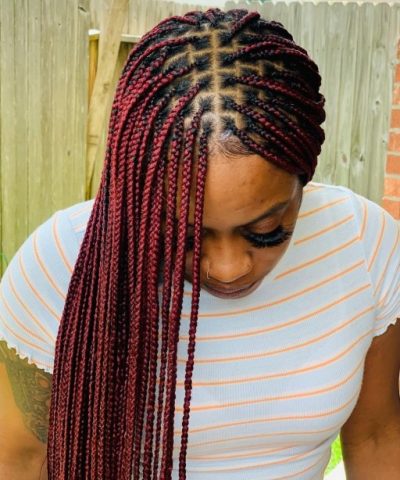 Burgundy Thin Knotless Braids side part braids hairstyle