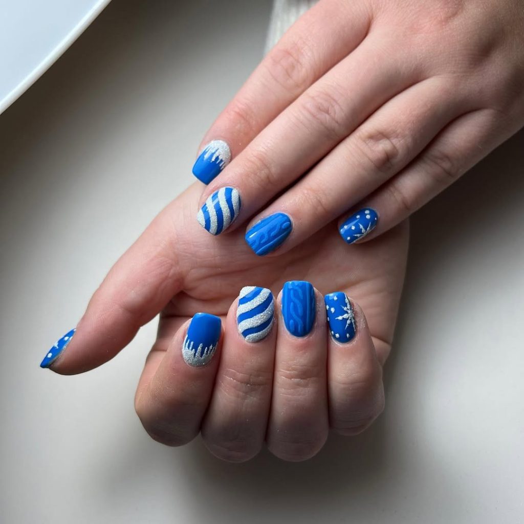 Short Cobalt Nails with Icicles and Knit Texture blue winter nail design