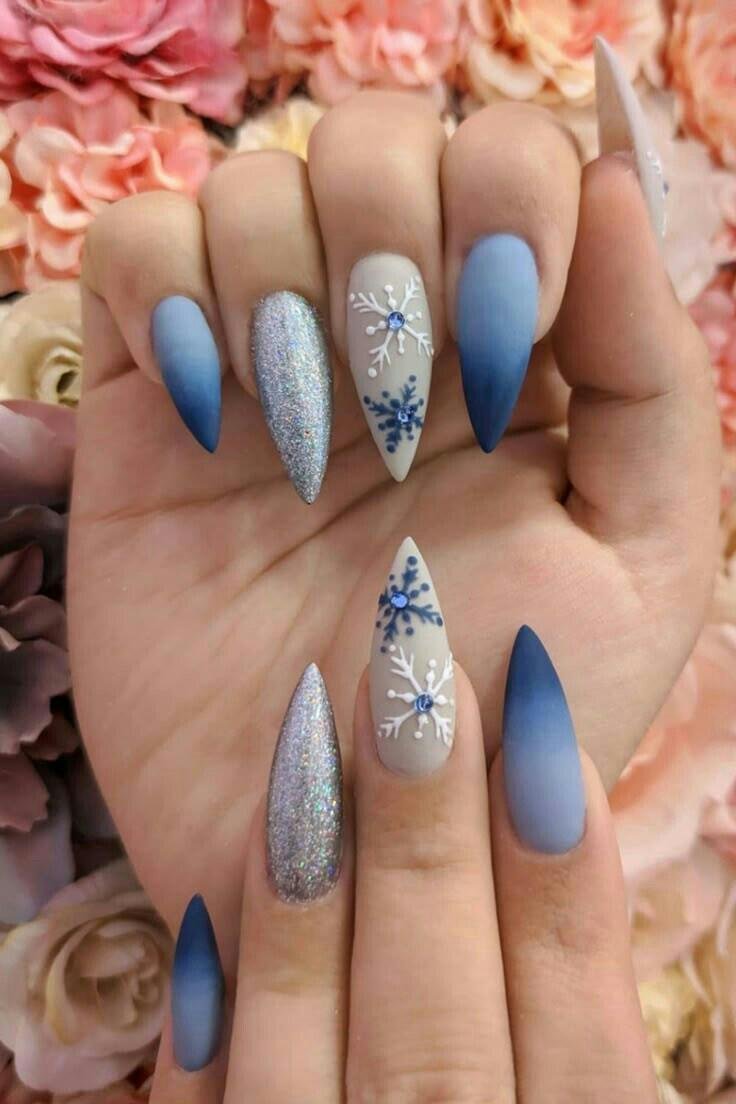 Blue Ombre Glitter Snowflake Stiletto Nails snowflake nail art design