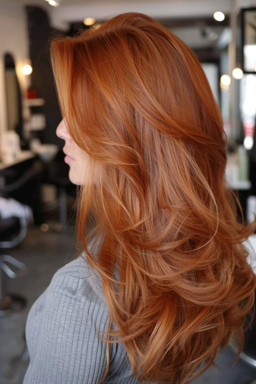 Copper penny cinnamon on long layered hair cinnamon hair idea