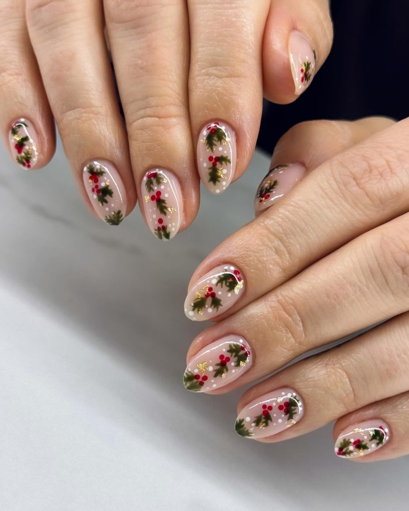 Dainty Holly Sprigs With Gold Flakes festive Christmas nail art