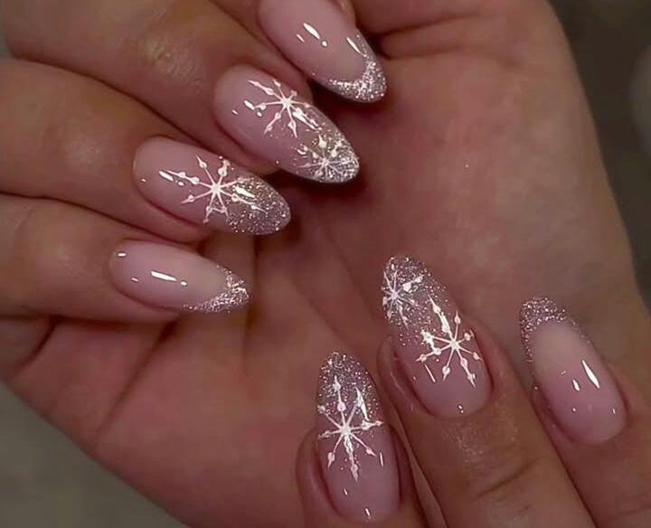 Pastel Pink Snowflake French Tips with Silver Glitter snowflake nail art design