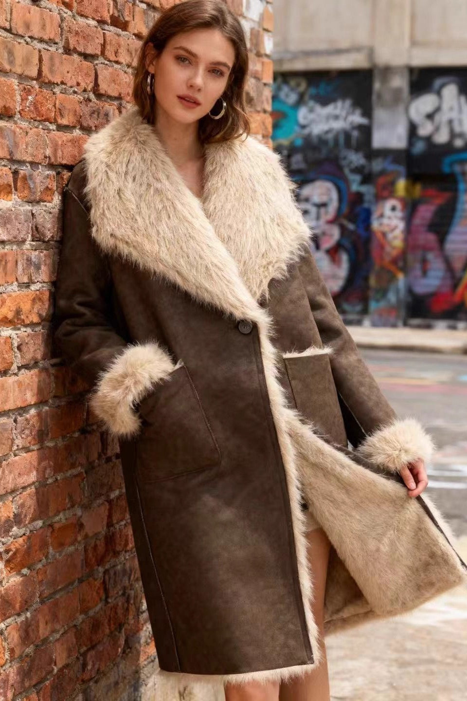Woman wearing a reversible two-tone winter coat