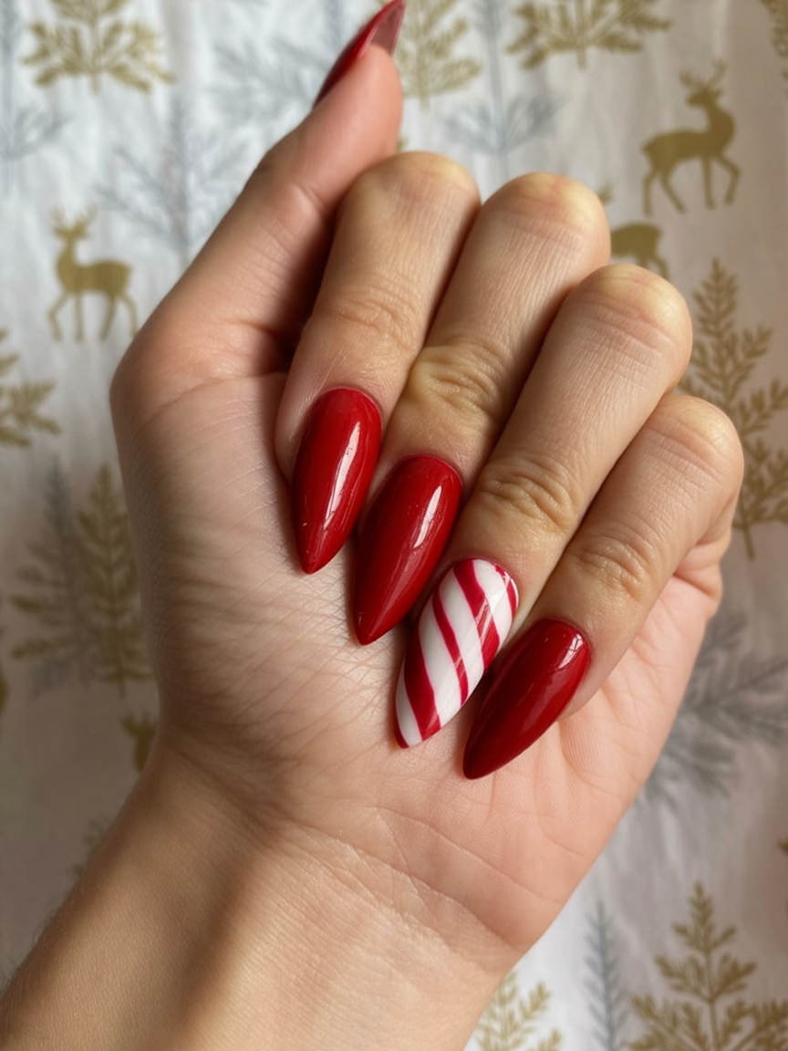 Candy Cane Stripes with a Snowflake Accent classy Christmas nail manicure