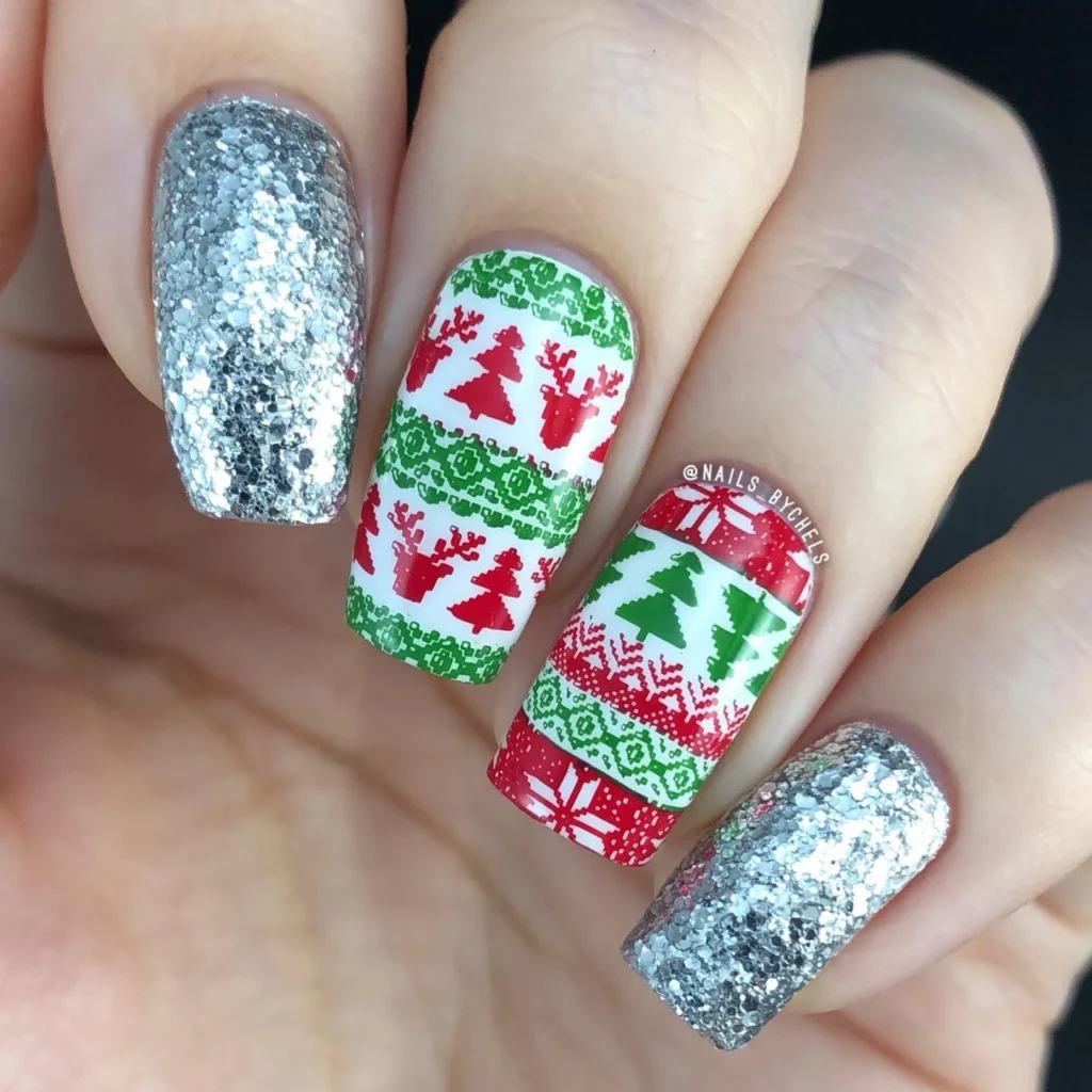Silver Glitter with Christmas Sweater Print December nail manicure