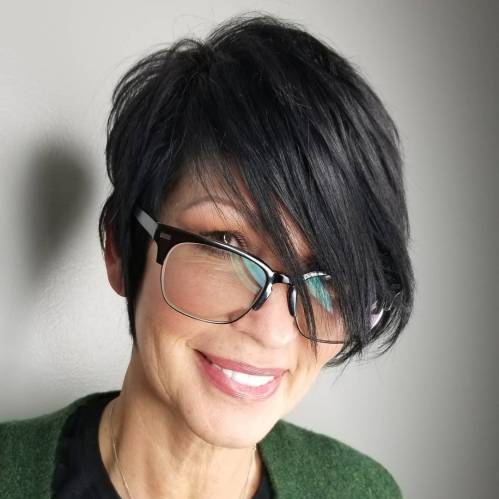 Straight black pixie with long side bangs pixie hairstyle