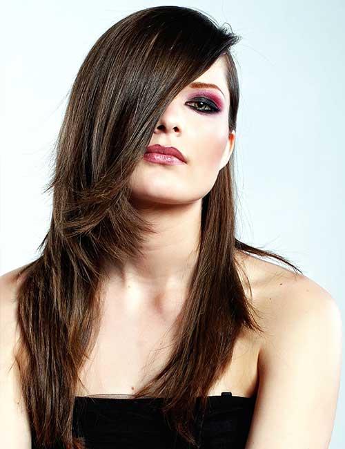Sleek side bangs with straightened long hair