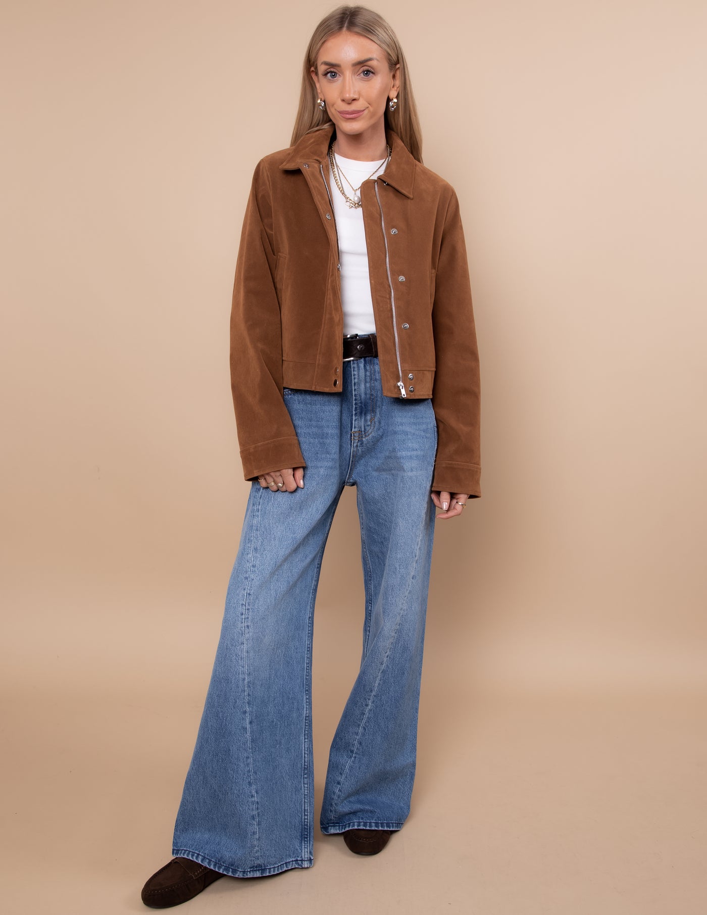 Brown Suede Jacket with Wide-Leg Jeans casual date night outfit