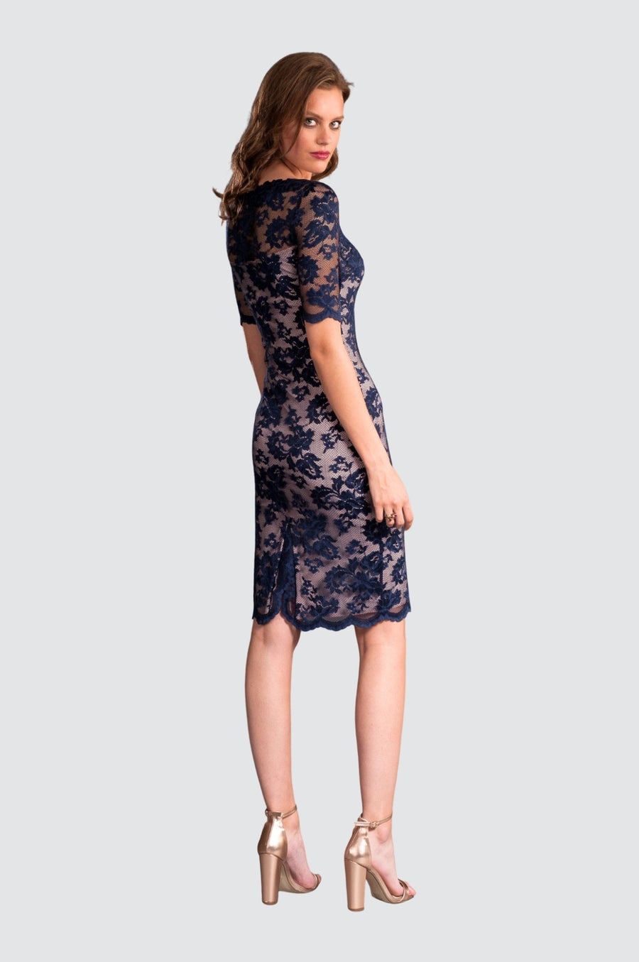 Navy Lace Dress with Gold Heels winter formal outfit