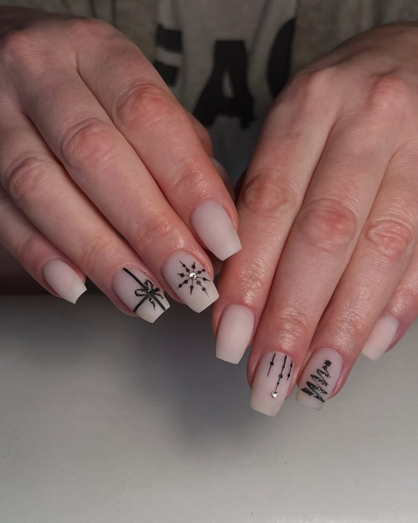 Matte Milky Nails with Black Line Art subtle Christmas nail design