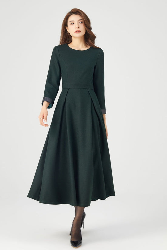 Dark Green Wool Dress with a Fit-and-Flare Skirt winter formal outfit
