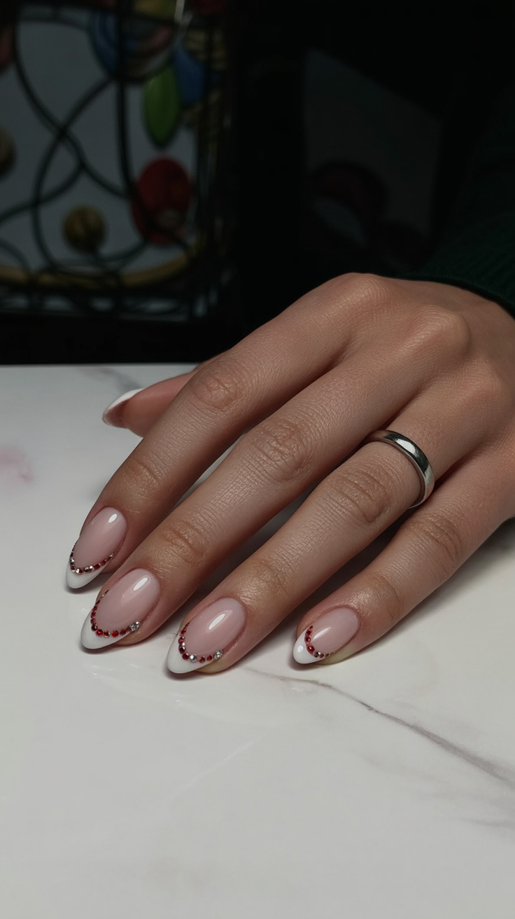 White and Red Rhinestone French Tips Christmas French tips nail design