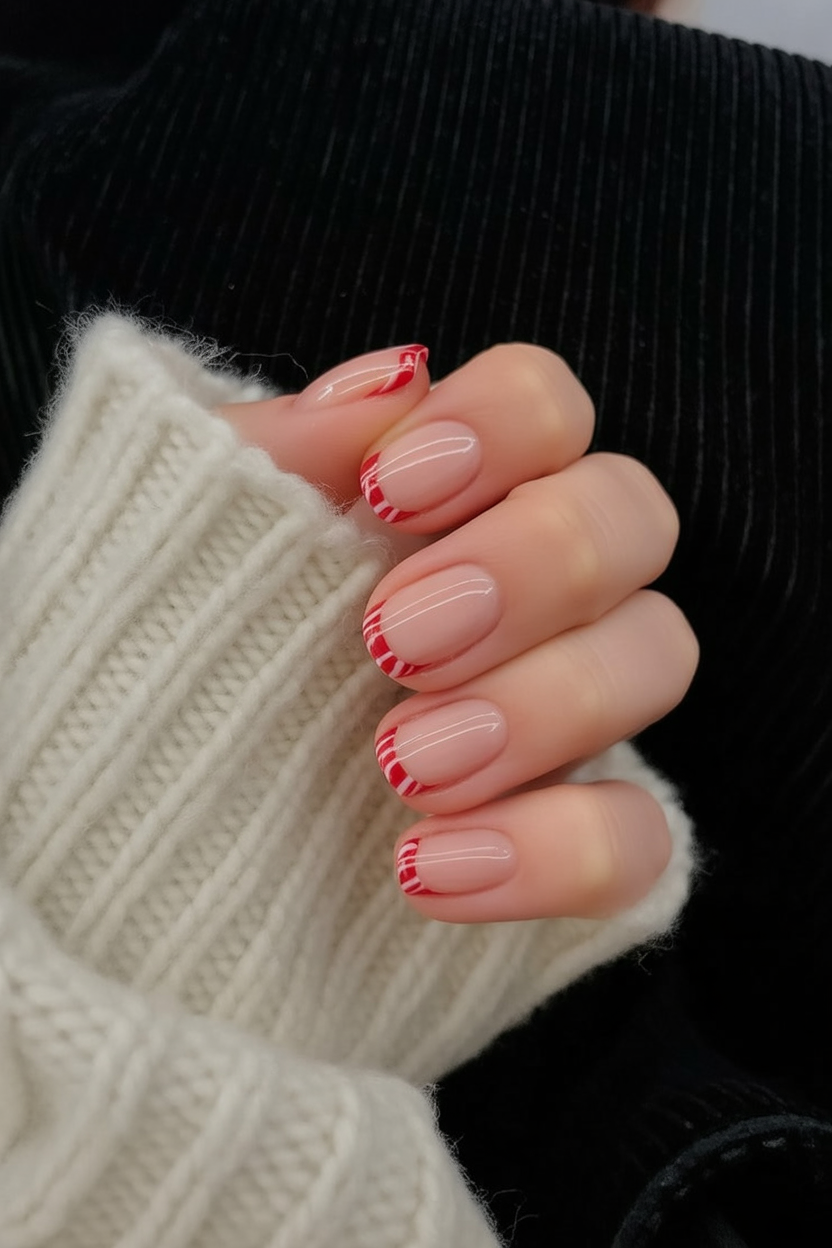 Candy Cane Striped Almond French Tips Christmas French tips nail design