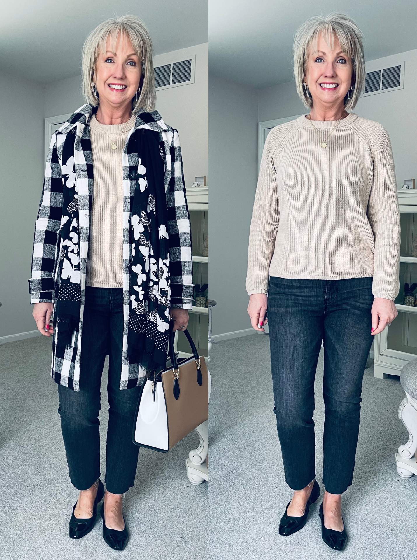 A beige coat layered over a hoodie and trousers chic style outfit