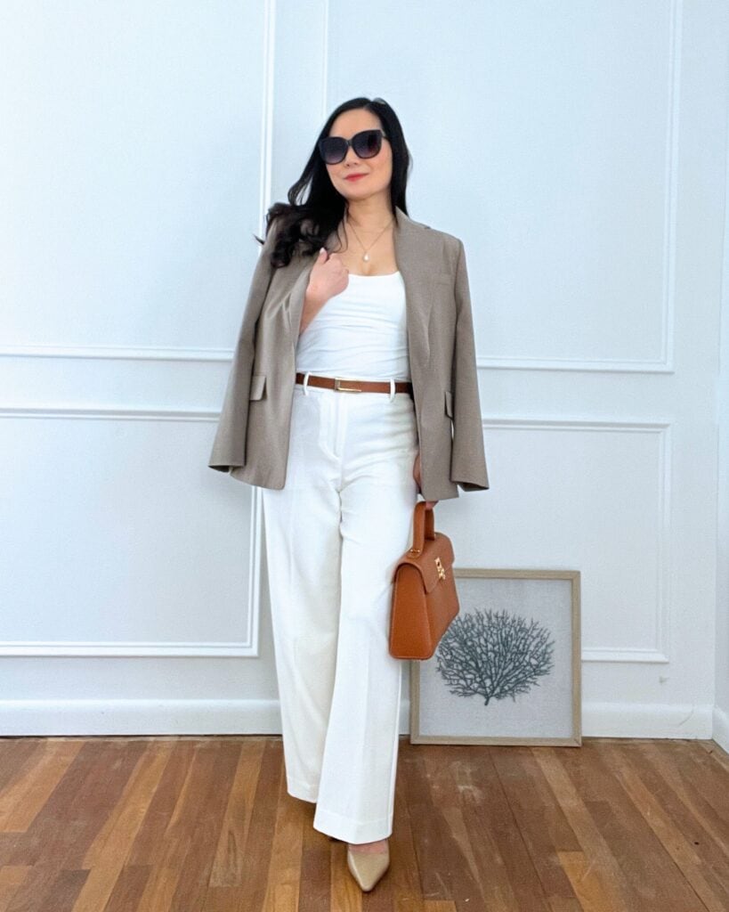 Taupe Blazer over an All-White Outfit theater outfit