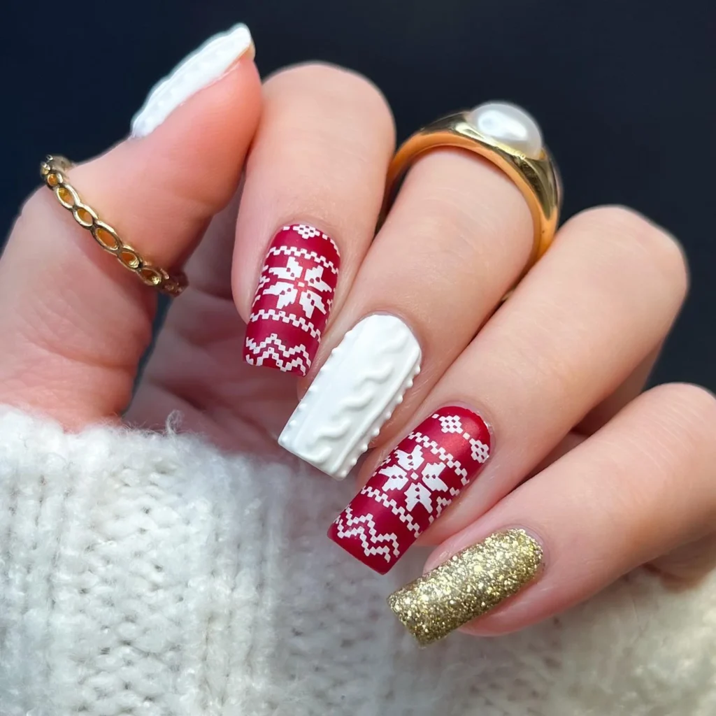 Red Fair-Isle Sweater Nails with Gold Glitter sweater nail art design