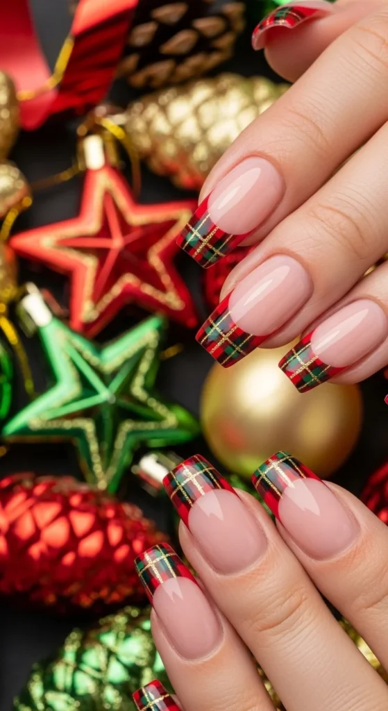 Pink-based nails with red plaid French tips