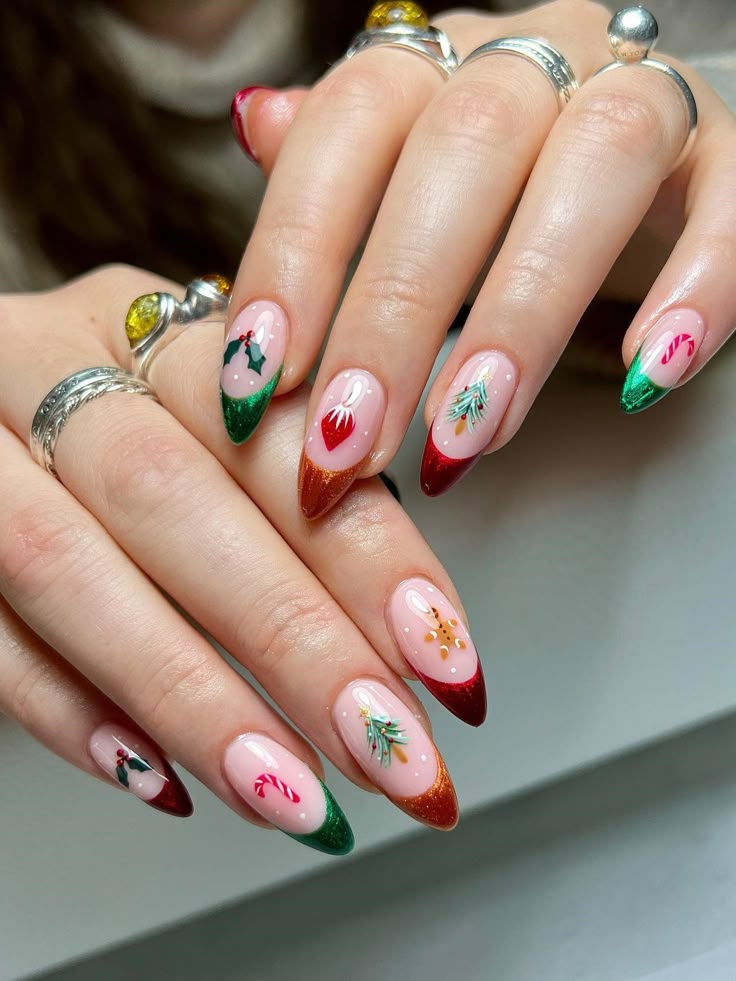 Red and Green French Tips with Tiny Tree Art classy Christmas nail manicure