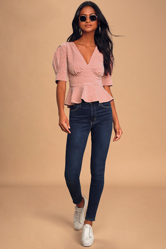 Gingham Peplum Top with Dark Skinny Jeans casual date night outfit