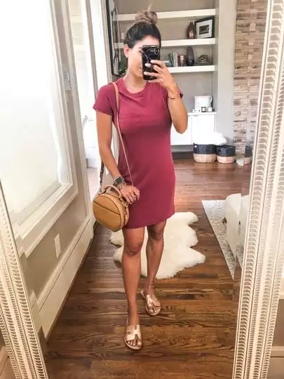 Burgundy T-Shirt Dress with a Crossbody Bag styling dress idea