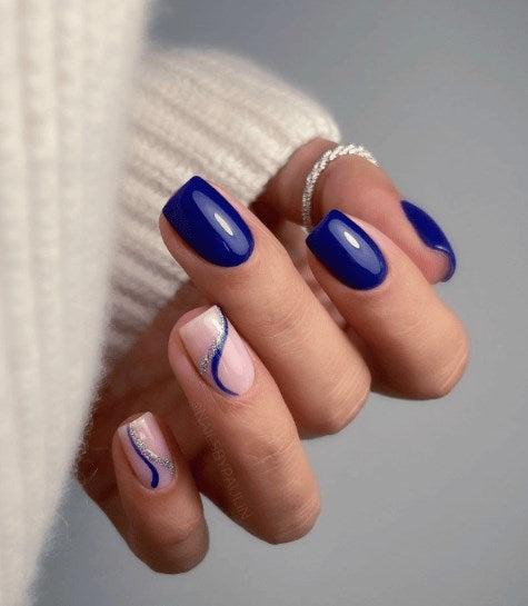 Deep Royal Blue Nails with Glitter Tips blue winter nail design