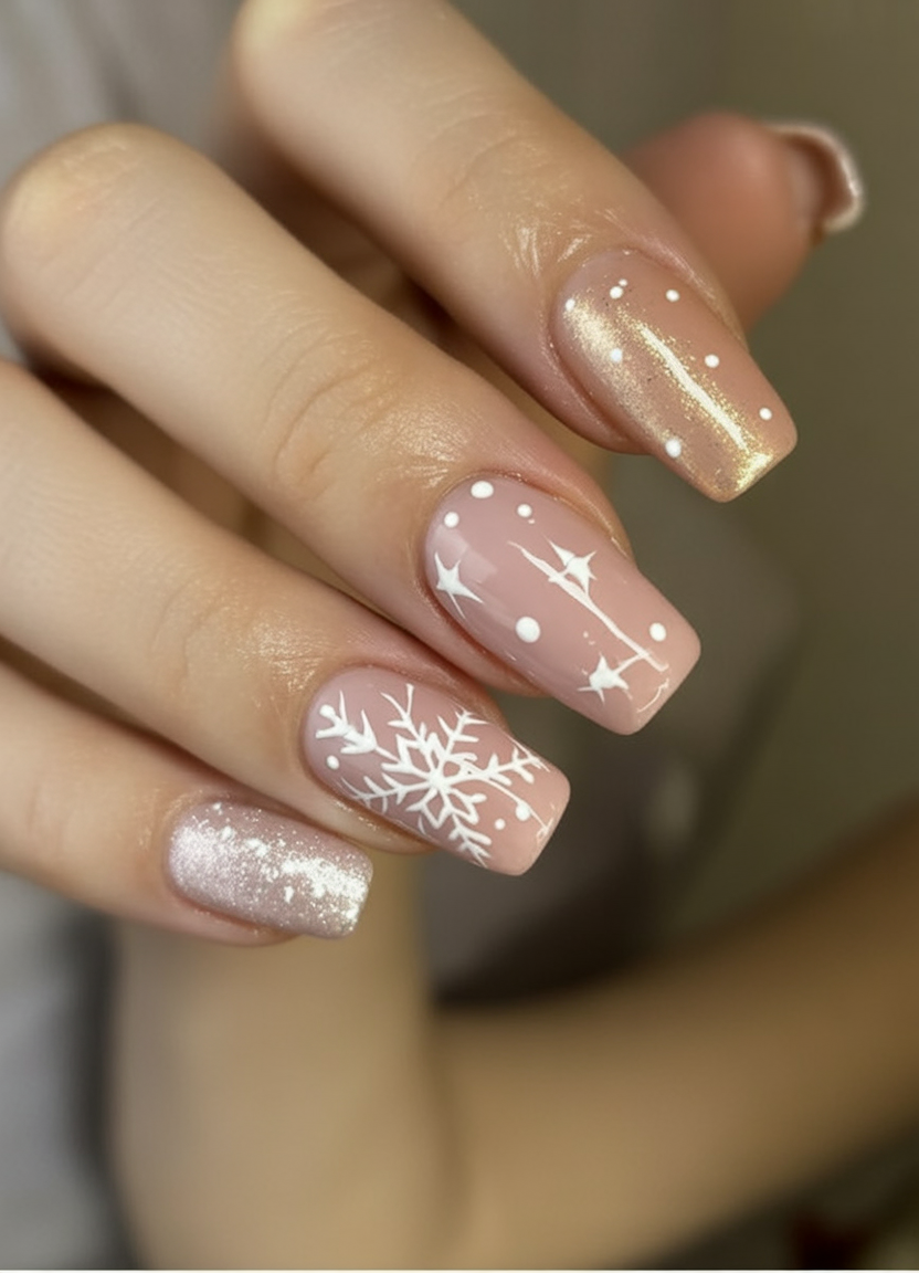 Sandstone Beige Nails with Delicate Snowflake Art neutral Christmas nail design