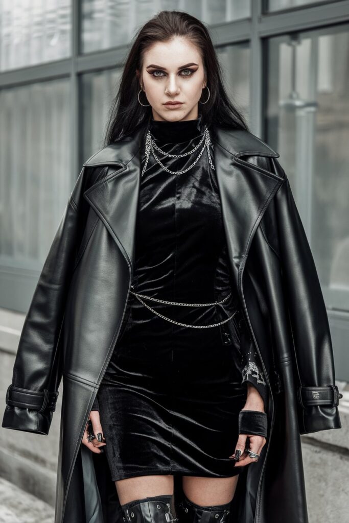Black Velvet Dress with an Oversized Leather Coat and Thigh-High Boots goth outfit