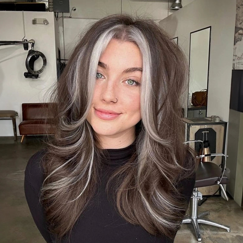 Money-piece highlights on long dark brunette hair