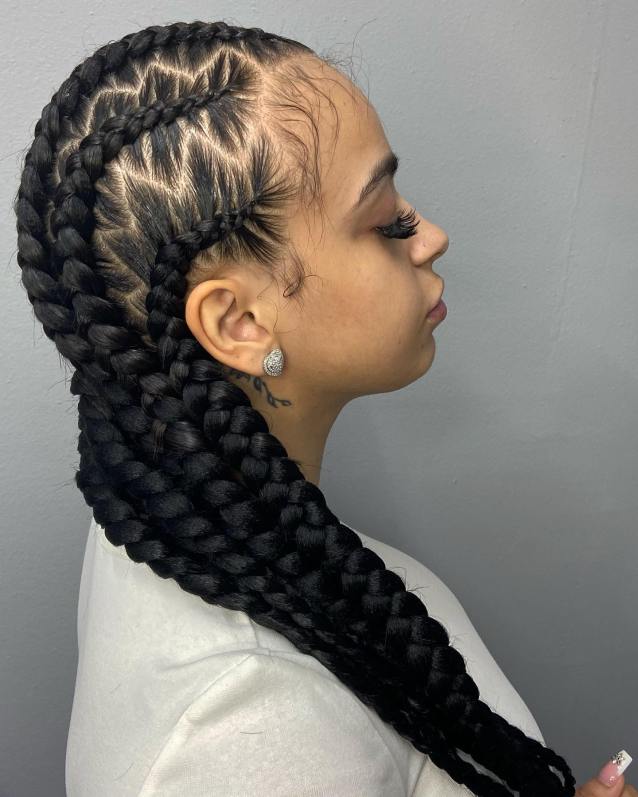 Chunky Goddess Braids With Jagged Parts side part braids hairstyle