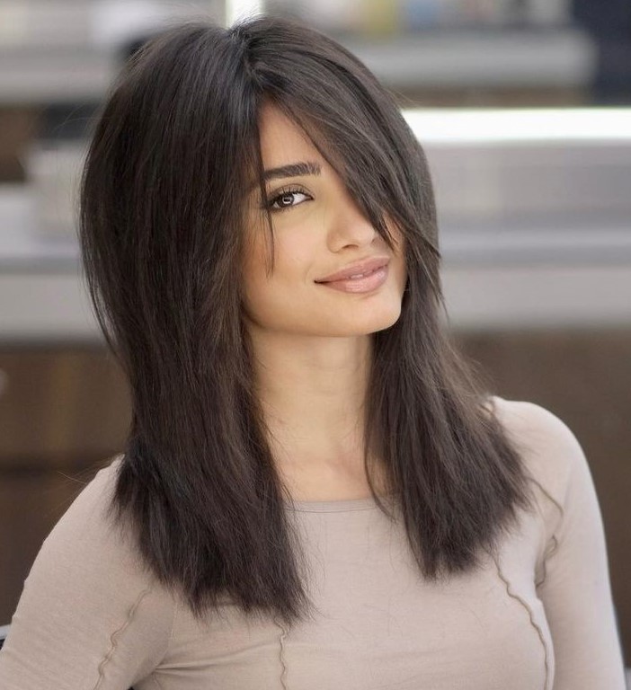 One-length cut with long side bangs medium hair