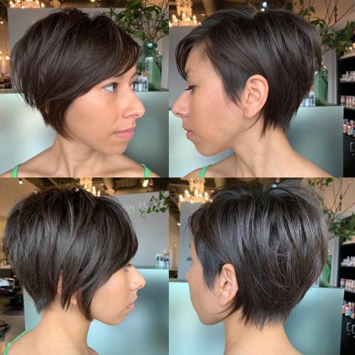 Stacked pixie bob with swooping bangs and side undercut