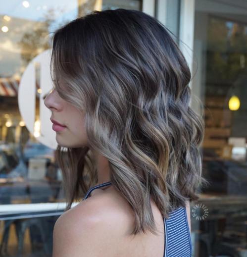 Textured shoulder-length lob in warm brown