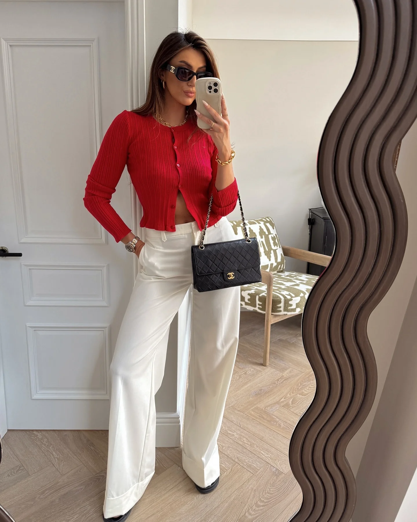 Red knit top with tailored white trousers cute dinner outfit