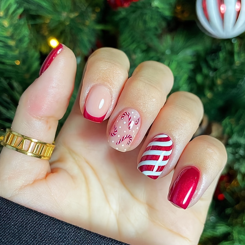 Candy Cane French Tips With Mini Canes festive Christmas nail art