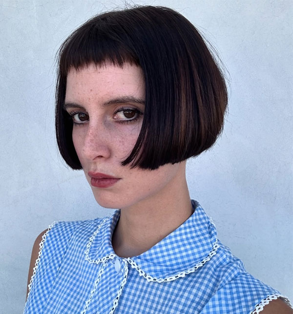 Rich espresso brown french bob with micro bangs