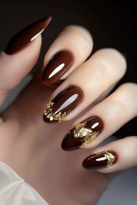 Gold Leaf on Espresso winter nail manicure