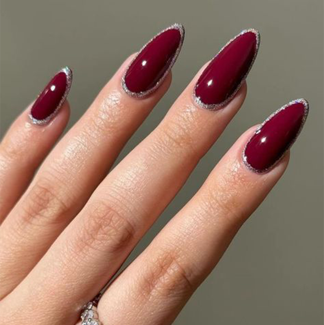 Burgundy Jelly with Silver Flakes - burgundy and silver nail design