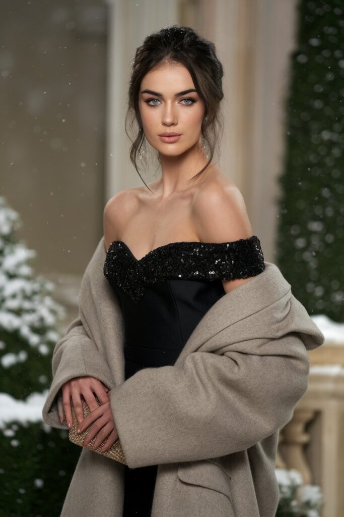 Off-shoulder sequin dress under an oversized wrap coat winter birthday outfit