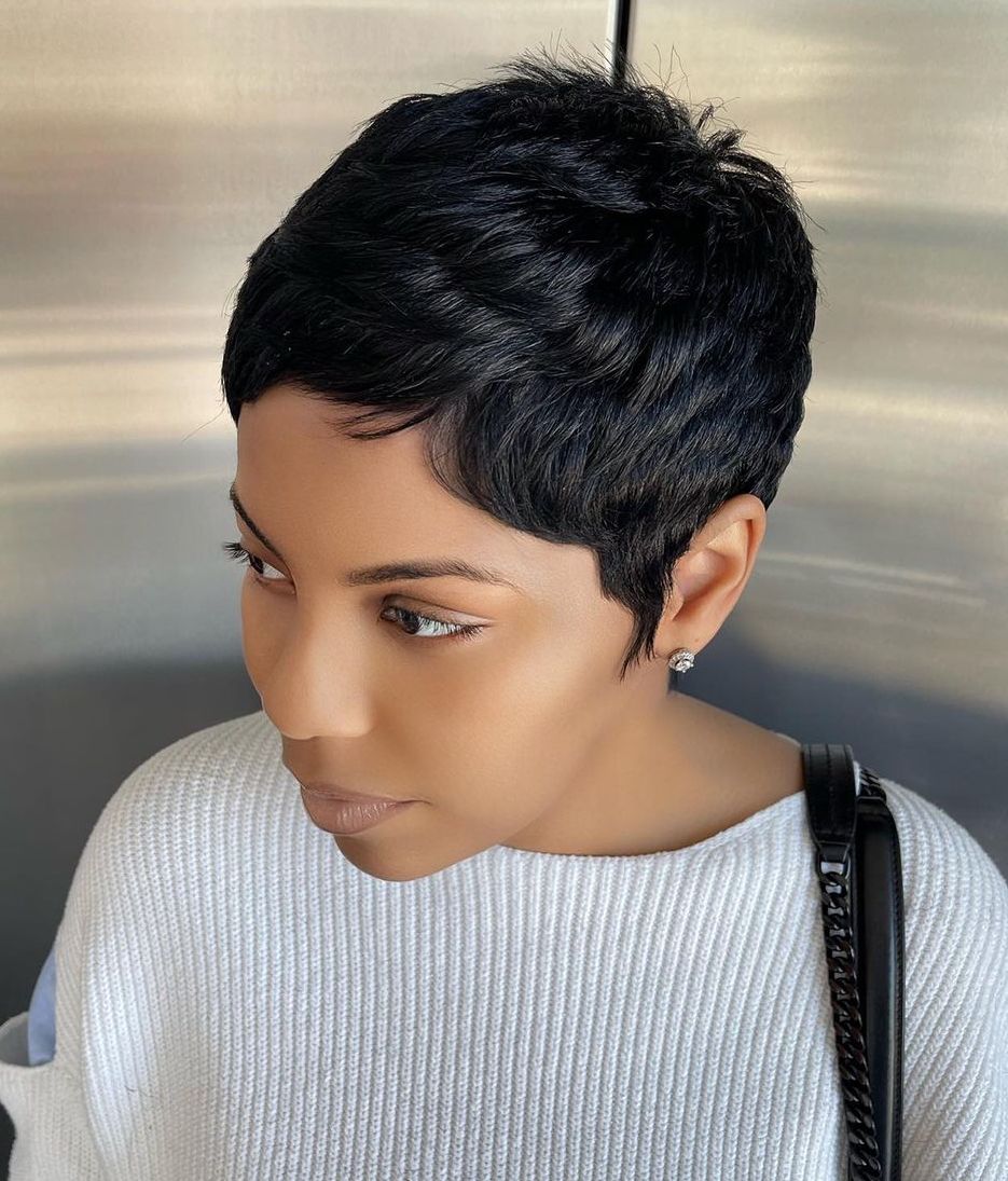 Black pixie cut with flat wave texture