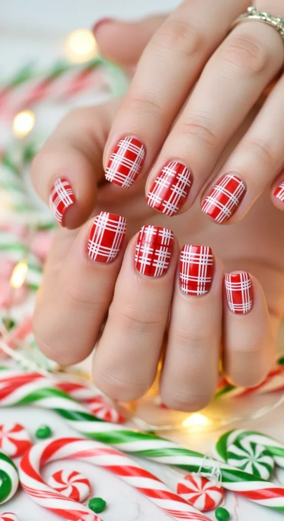 Red, white and silver candy-inspired plaid nails