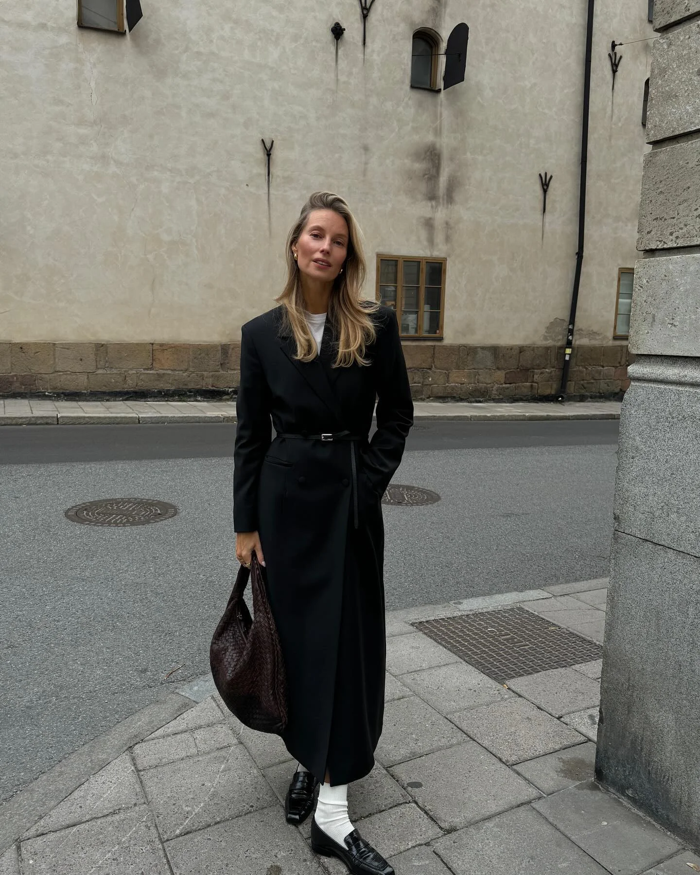Long black coat dress with loafers cute dinner outfit