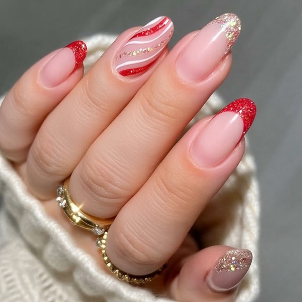 Blush Nails with Red Glitter French Tips classy Christmas nail manicure