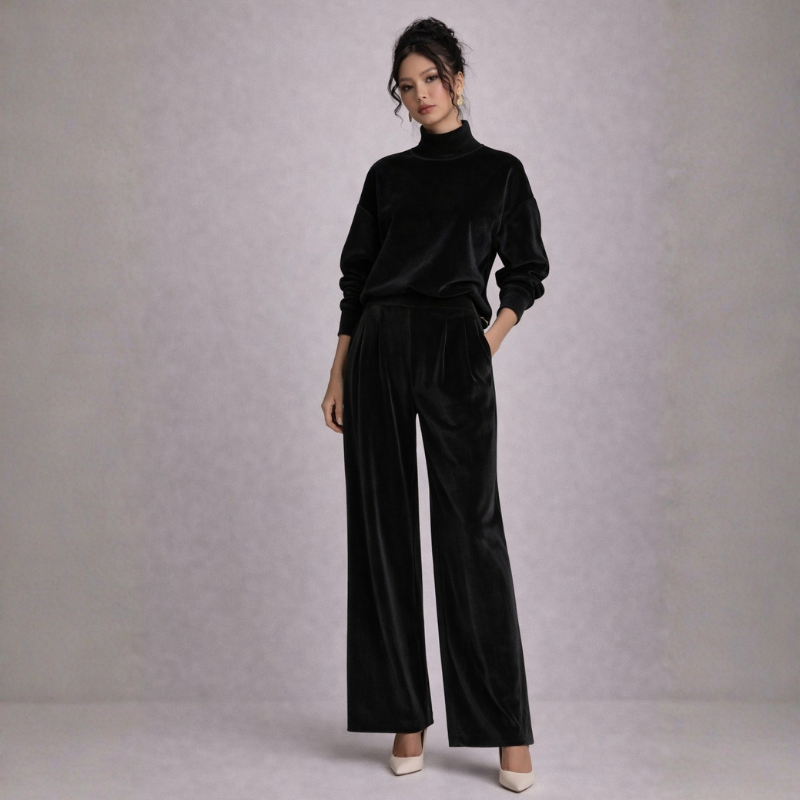 Black Velvet Top and Wide-Leg Trousers christmas party outfit