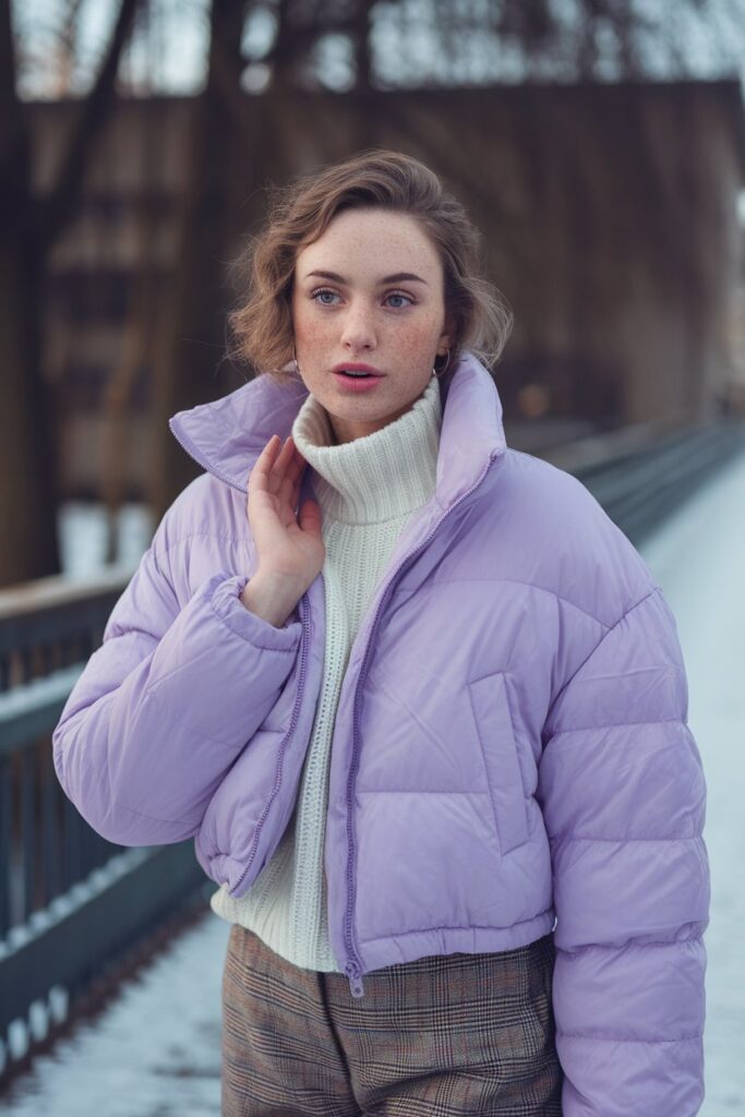 Soft Pink-Lavender Puffer With a Chunky Knit Scarf winter outfit