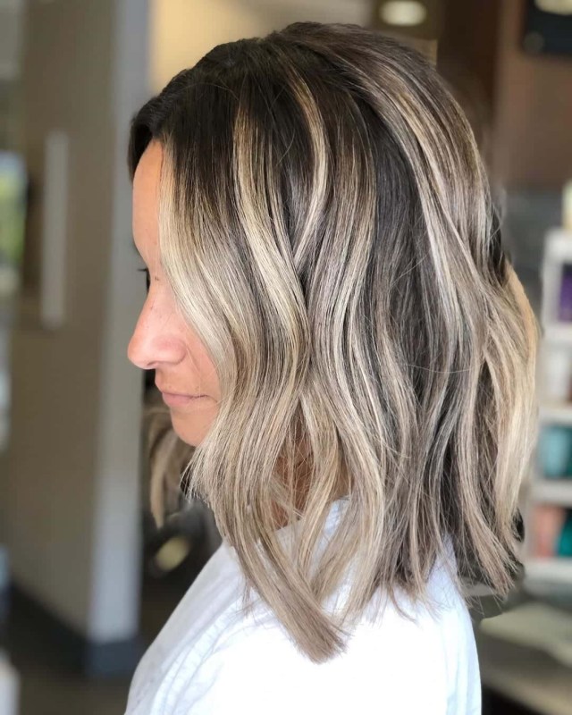Brunette long bob with neutral blonde highlights