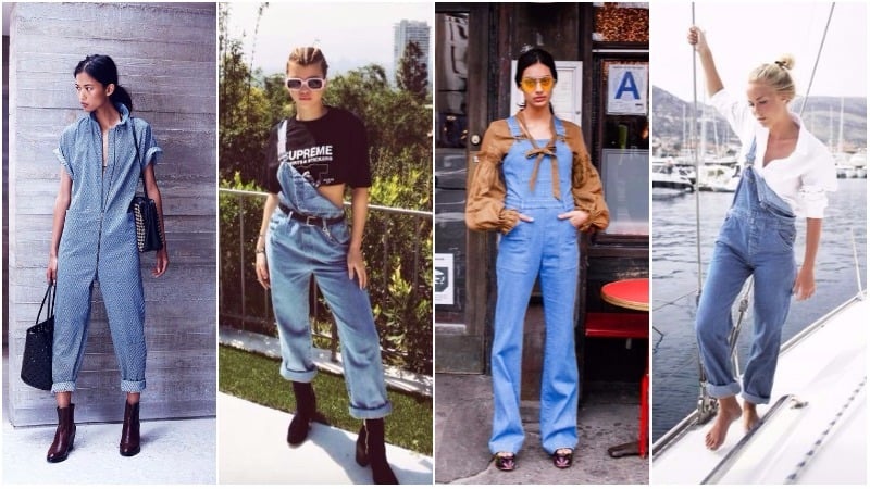 Classic blue denim overalls worn with a crop top