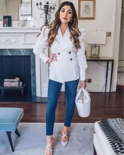 White Blazer with Dark Denim and Pointed Heels cute jeans outfit