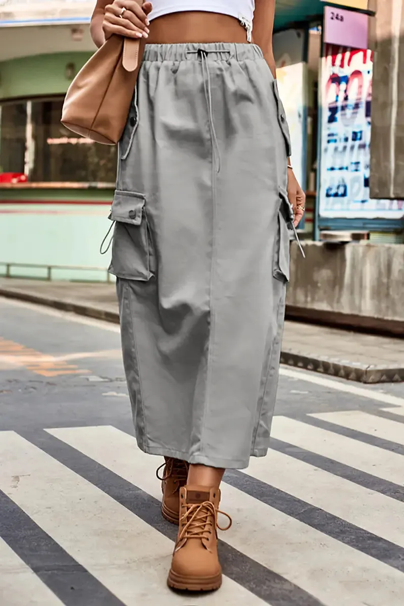 Drawstring denim cargo midi skirt worn with a casual tee